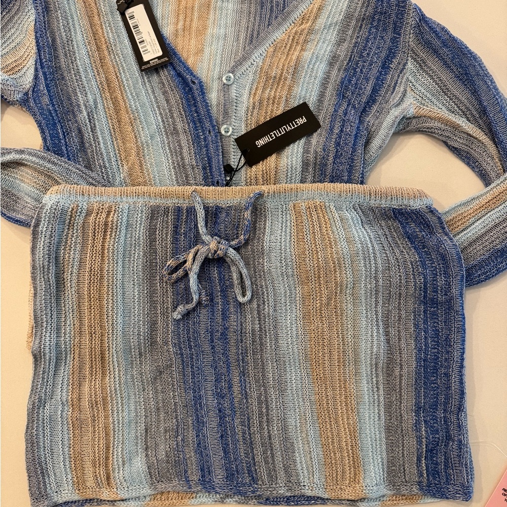 PrettyLittleThing Blue and Tan Striped Skirt Set